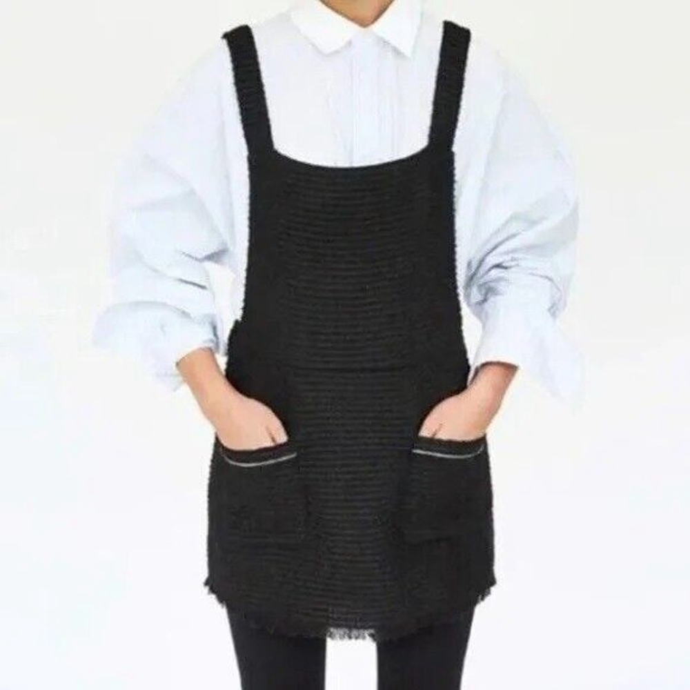 Zara Trafaluc Black Tweed Pinafore Mini Dress Pockets Fringe Hem Sz XS